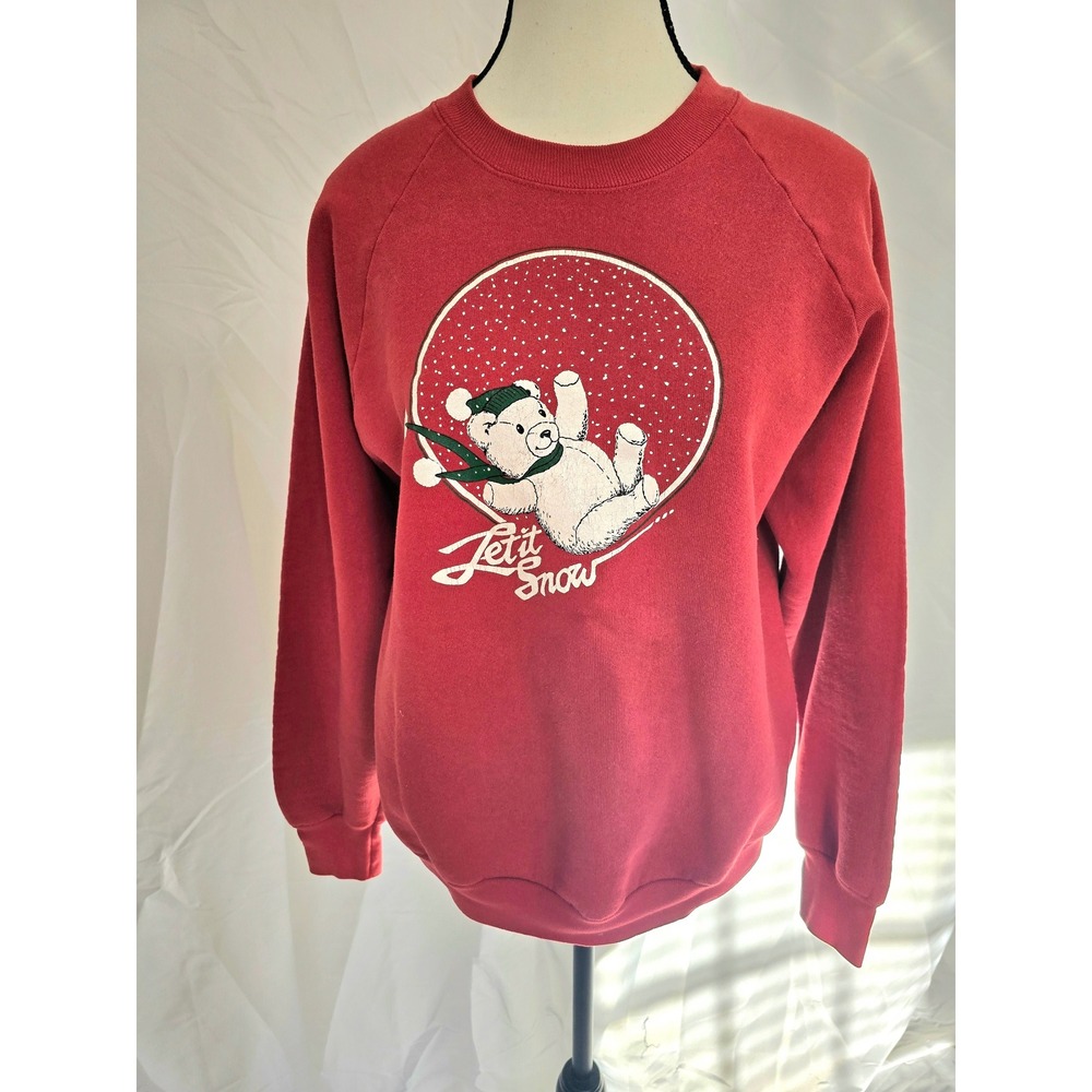 Vintage Fruit of the Loom Lets Snow Teddy Bear Sweatshirt Red Size L
